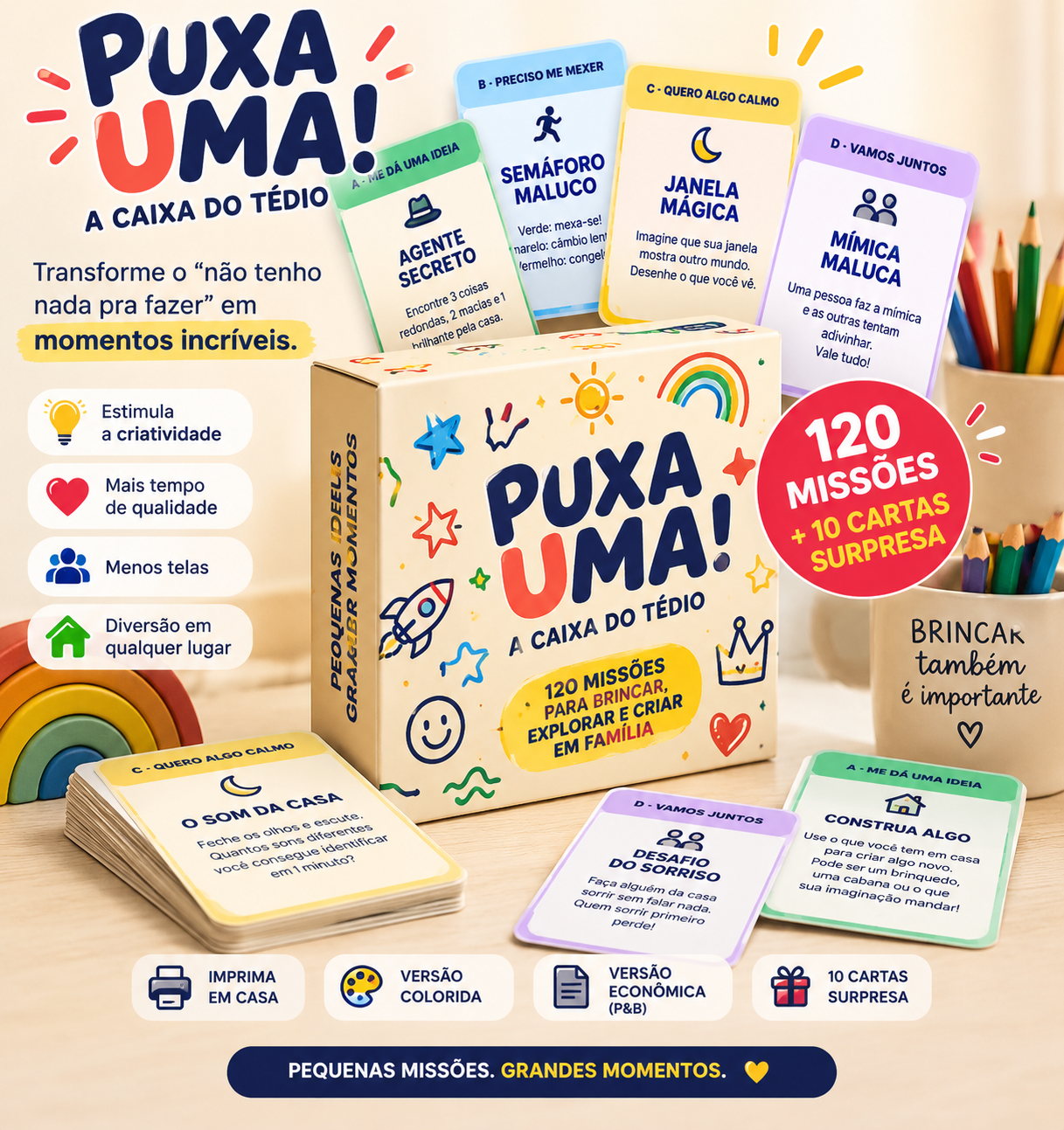 Mockup do produto Puxa Uma com caixa e cartas coloridas